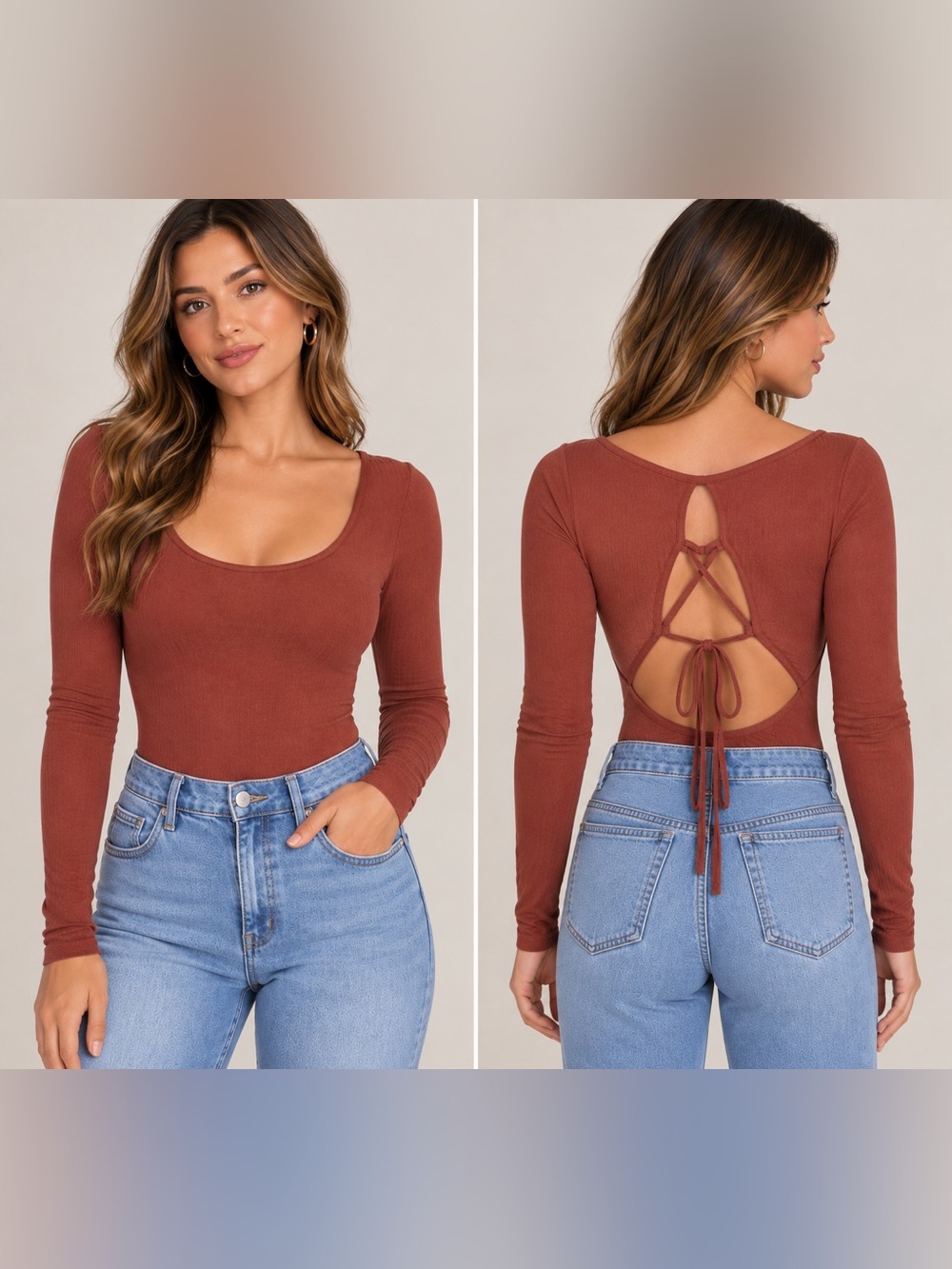 Rust Brown Long Sleeve Lace Up Backless Bodysuit Y2K Boho Women’s